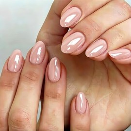 SXVME Uñas postizas cortas ovaladas color rosa nude cromado, 32 piezas de uñas postizas gruesas y bonitas con acabado brillante y diseño de espejo, uñ