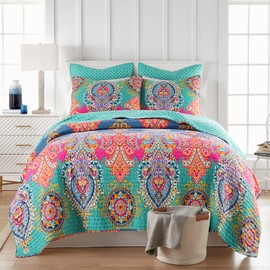 Levtex Home - Fantasia Quilt Set - King Quilt (106x92in.) + Two King Pillow Shams (36x20in.) - Bohemian - Teal, Orange, Yellow, Green, Blue - Reversible - Cotton Fabric