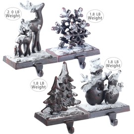 Desami 100% Cast Iron Christmas Stocking Holder, Set of 4 Hooks,ReindeerSnowman Santa Snowflakes Christmas Tree Stocking Holders Set of 4，2025 New Iron Christmas Stocking Holder Heavy Duty（4P）