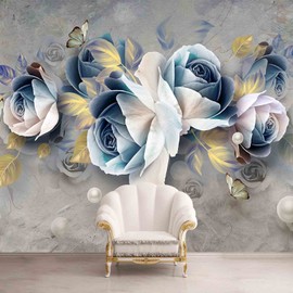 Bormia 3D Embossed Rose Wall Mural Hand Painted Watercolor Floral Mural Wallpaper Luxury Pearl Retro Rose Home Decor for Living Room Bedroom TV Background Kids Girls Rooms Decoration
