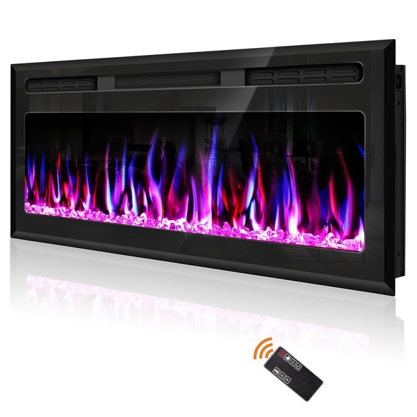 Hocookeper 43 inch Electric Fireplace, Wall Mounted and Recessed Fireplace Linear Fireplace Insert with Remote Control, Adjustable Flame Colors, Timer,750w/1500w, Black