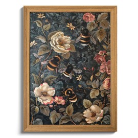 AKWISH Framed 3D Textured Vintage Wall Art - Dark Academia Bumble Bee Hand Drawn Sandstone Paintings with Botanical Florals, Aesthetic Wall Decor for Living Room Bedroom Home 12x16 inch