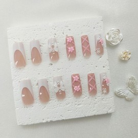 Long Press on Nails Square Fake Nails with 3D Flower Bow Pearl Designs White French Tip Nails Press ons Glossy Glue on Nails Nude Acrylic Nails Summer False Nails Cute Stick on Nails for Women 24Pcs
