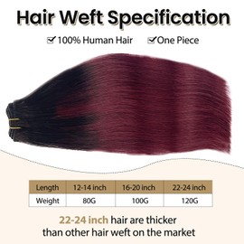 Hand Tied Weft Hair Extensions Human Hair, Ombre Sew in Hair Bundles 16” 100G Natural Black to 99J Burgundy Sew in Hair Extensions Real Human Hair Weave Bundles Seamless Hair Wefts Human Hair Sew in