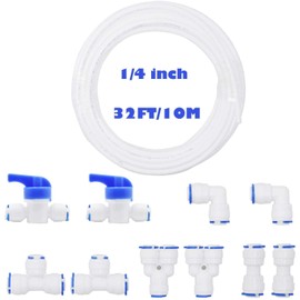 RUNCCI-YUN 10 m Universal Water Inlet Line Fridge Connection Set, RO Water Filter Fitting, for 1/4 Inch (6 mm) Hose, Fridge Hose, Water Hose (Y + T + I + L Type + Shut-off Valve)