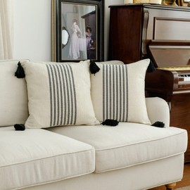 IKATYARN 20 x 20 Inches Pack of 2 Boho Black and Off White Embroidery Striped Throw Pillow Cover, Soft Chenille Pillowcase with Tassels, Modern Farmhouse Decor Cushion Cover for Couch Sofa Bed