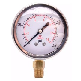 DuraChoice 2-1/2" Oil Filled Pressure Gauge, SS Face, 1/4" NPT, Lower Mount, 0-200PSI