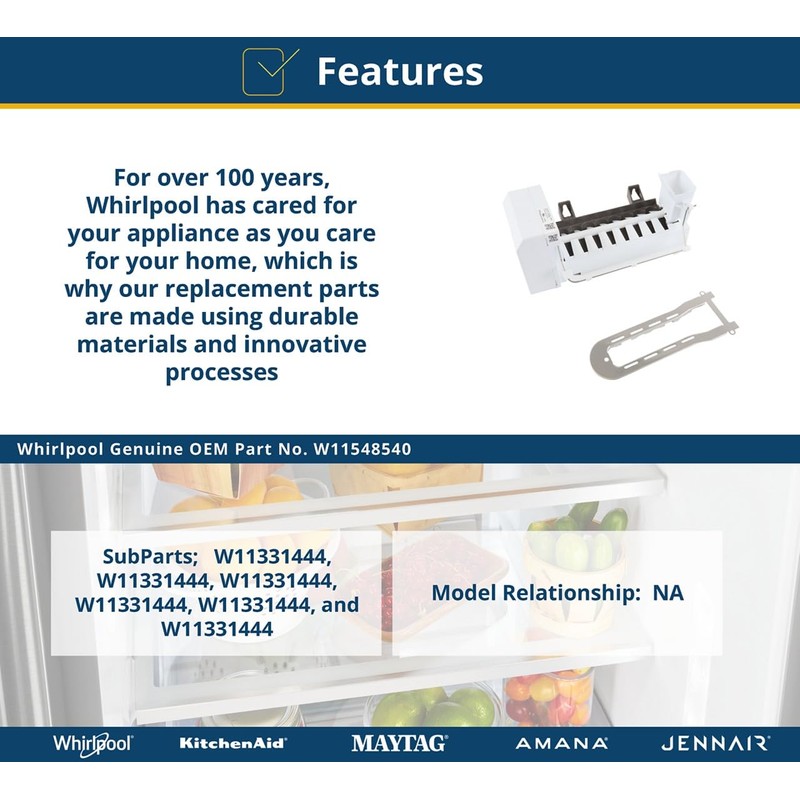 Whirlpool W11548540 OEM Refrigerator Ice Maker Assembly