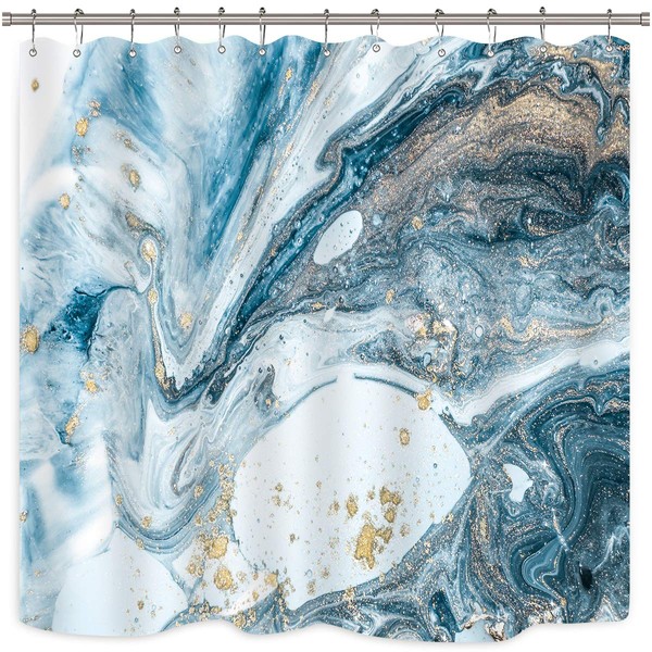Riyidecor Blue Marble Abstract Shower Curtain for Bathroom Art Decor Luxury Ocean Geomatric Gold Cracked Lines Textured Golden Modern Waterproof Fabric 12 Pack Plastic Hooks 72Wx72H Inch WW-KT8C