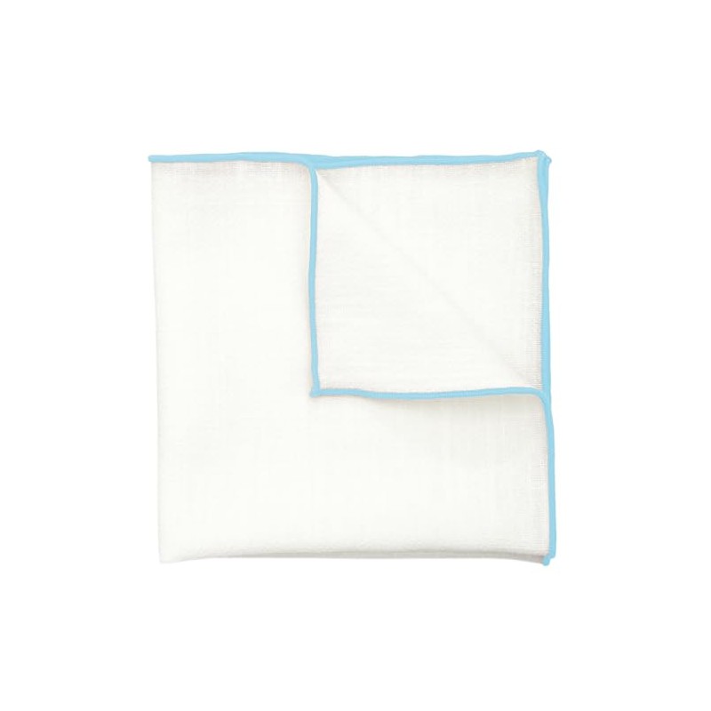 BELLUNO Ivory White Pocket Square with Pastel Blue Trim Embroidered