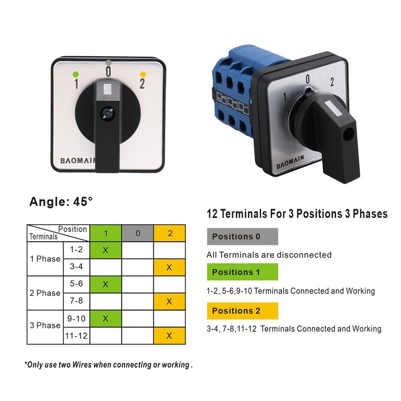 Baomain 660V 20A On-Off-On 3 Positions 12 Terminals Changeover Control