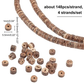 CHGCRAFT 4 Strands Coconut Shell Beads Natural Coconut Column Bead Brown Coconut Oblate Beads Spacer Beads for DIY Bracelet Necklace Jewelry Making