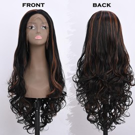 EssionTech Long Brown with Highlight Synthetic Lace Front Wig Heat Resistant Body Wave Lace Front Wavy Wigs Free Part Natural Hair Wig for Women 24 Inch Fashion Glueless (24 Inch)