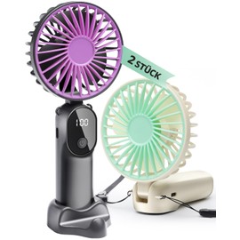 STRHAGO 2 Stück Mini Handventilatoren Akku Aufladbar,Tragbarer USB Klein Hand Ventilator Sehr Leise,LED Anzeige,6 Geschwindigkeiten,6–12 Stunden Kühle Zeit,Taschenventilator für Reisen,Draußen,Camping