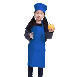 ALIPOBO Kids Apron and Chef Hat Set, Children's Adjustable Bib Apron with 2 Pockets. Cute Boys Girls Kitchen Apron for Cooking, Baking, Painting, Training Wear (2-5 Year, Blue)