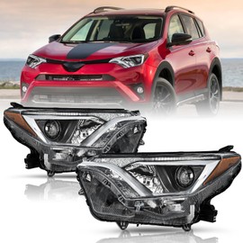 TUSDAR Headlight Assembly w/o LED fits For 2016 2017 2018 Toyota RAV4 16 17 18 Halogen Headlamp Left Driver and Right Passenger Side Black Housing with Amber Reflector