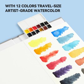 Paul Rubens Watercolour Kit,12 Colours Travel Watercolor Set, with 24 Sheet 140lb/300gsm 100% Cotton Acid-Free Hot Press Watercolour Sketchbook with Glitter Effect (5.3 * 7.7 inches)