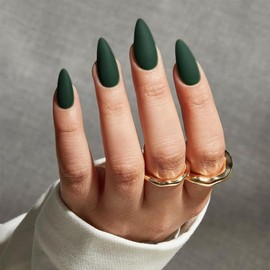 Matte Dark Green Press on Nails Almond Shaped Medium Almond Nails Press on Neutral Acrylic Nails Reusable Fake Nails for Women, Glue on Nails Medium Length Stiletto False Nails Gel Artificial Nails