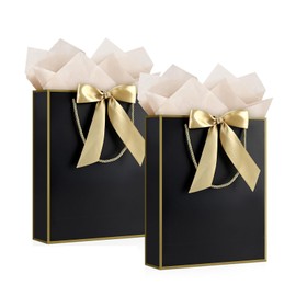 JMANNI Gift Bag, 2PCS Gift Bags Large with Ribbon and 2 Greeting Cards 4 Tissue Paper, Portable Paper Gift Bag with Handles, Birthday Gift Bags,Present Bags for Wedding Party Mothers Day(Black-Gold)