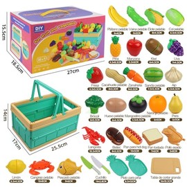 Frutas Y Verduras de Juguete para Cortar，79 Piezas Comida de Juguete para Niña，Aprender Mientras se Juega, Tiempo Familiar，Adecuado para niños de 3 a 