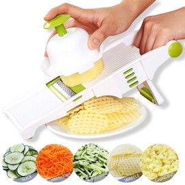 GProMe Mandoline Slicer – Adjustable Vegetable Mandolin, Fruit zucchini Slicer, French Fry Cutter,Crinkle Cutter Food Waffle,Julienne Grater,Garlic Grinder(White)