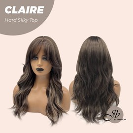 JBEXTENSION 22 Inches Scalpiana 3.5X4 Hard Silky Top Natural Scalp Effect Women Wig With Bangs CLAIRE SILKY TOP:_Brown Highlight