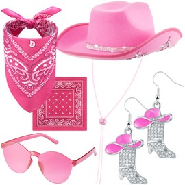 Hercicy 4 Pcs Cowgirl Costume Set Cowboy Hat Sunglasses Bandana Earring Halloween Costume Accessories for Women Cosplay Party(Dark Pink)