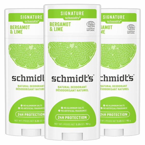 Schmidt's Aluminum Free Natural Deodorant for Women and Men, Bergamot + Lime with 24 Hour Odor Protection, Certified Cruelty Free, Vegan Deodorant,3.25 Ounce (Pack of 3)