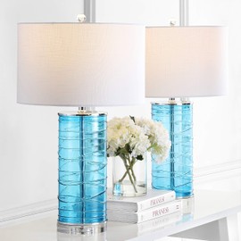 JONATHAN Y JYL4016A-SET2 Cole 27.5" Modern Fused Glass Cylinder LED Lamp Transitional,Coastal,Glam for Bedroom, Living Room, Office, College Dorm, Coffee Table, Bookcase, Turquoise, 2 Piece