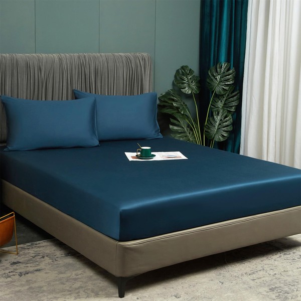 2 Pcs Cooling Fitted Sheet Twin Navy Blue, 100% Viscose