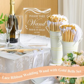 Reallnaive 103 Pcs Lace Ribbon Wedding Wand with Gold Bells Set Include 100 Wedding Streamers White Ribbon Sticks 1 Acrylic Send Off Sign with Stand 2 Galvanized Metal Buckets for Wedding Send Off