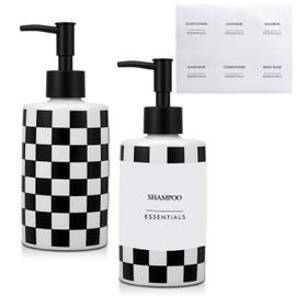 2 Pack Checkered Bathroom Soap Dispenser with 6 Waterproof Labels Ceramic Hand and Dish Soap Dispenser Set Christmas Black White Buffalo Plaid 10 oz Refillable Bottle Container Bathroom Kitchen Decor