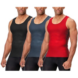DEVOPS 3 Pack Men's Muscle Dry Fit Compression Tank Top (X-Large, Black/Charcoal/Red)