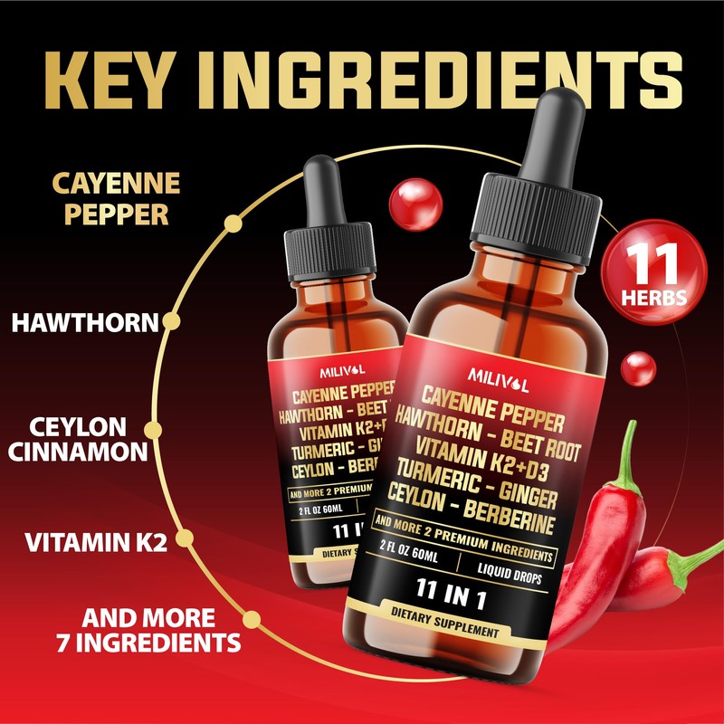 MILIVOL 11in1 Cayenne Pepper Liquid Drops with Hawthorn Berry, Beet