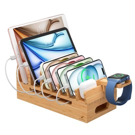 Pezin & Hulin Charging Stand, Mobile Device Storage Stand, Bamboo Design, Can Store 7 Smartphone/Tablet and 1 Smart Watch Simultaneously, Natural (Note: This product does not include a charging