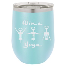 Wine Yoga Laser Engraved Insulated Stainless Steel Wine Glass Tumbler with Lid, 12 Oz., Aqua