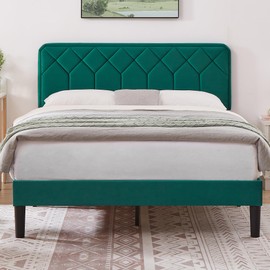 VECELO Queen Size Bed Frame Premium Velvet Upholstered Platform with Height Adjustable Headboard/Mattress Foundation, Solid Wooden Slat Support, No Box Spring Needed/Easy Assembly
