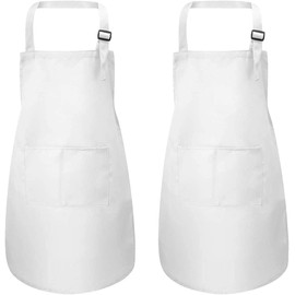 NiceLand Children's Apron, Set of 2, Children's Kitchen Apron, Painting Apron Set, Adjustable White Children's Apron with 2 Pockets for Kitchen, Cooking, Baking, Painting (4-13 Years), White