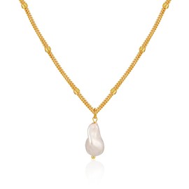 FanLeClair Pearl & Mother of Pearl Necklace 18K Gold Plated Pendant Dainty Chain Layering Choker for Women Jewellery Gift
