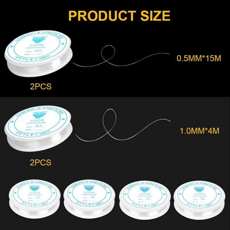 AUAUY 4 Rolls Elastic String for Bracelets, 0.5mm 1.0mm Clear