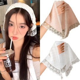 2 Pack Lightweight Lace Trim Head Scarves - Boho Floral Hair Bandana for Women Summer Daily Wear