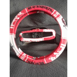 Custom NEBRASKA CORNHUSKERS BLOCKS FLEECE STEERING WHEEL & REAR VIEW MIRROR SET