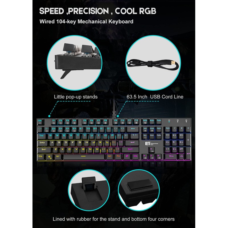 TDT Mechanical Gaming Keyboard,Wired 104 Keys RGB Keyboard with Blue