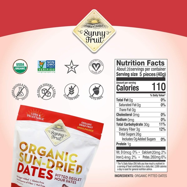 ORGANIC Pitted Dates (Deglet Nour) - Sunny Fruit 40oz Bulk