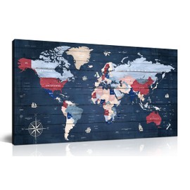 ZHAOSHOP Blue World Map Wall-Art For Office - Large World Maps For Wall - Canvas Wall Art Stretched and Framed Ready to Hang Size 40" x 20"