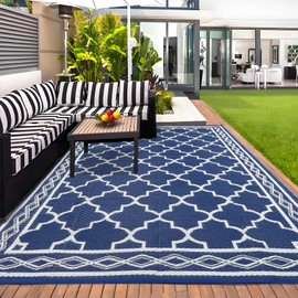 GarveeHome Outdoor Rug 9x12 Waterproof for Patio Clearance Large Plastic Straw Mat for Camping Reversible Plastic Outdoor Rug for RV, Patio, Backyard, Deck, Picnic, Beach, Navy/White(Geometric)