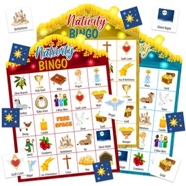 BIZIBAFF Christmas Nativity Bingo Game for Kids Adults - 24 Players Christian Nativity Bingo Cards - Religious Bible Games for Family Classroom Christmas Activities Holiday Party Favors Gifts