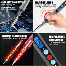 Pyrography Soldering Iron Set, 113 Pieces, Soldering Set, 60 W, Adjustable Temperature, 200-450 °C, LED Display, Soldering Iron Wood, Pyrography Soldering Iron Set with Letters and Coloured Colours