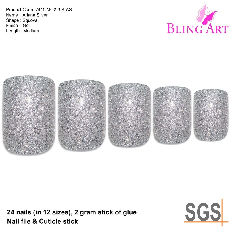 False Nails Bling Art Silver Gel French Squoval 24 Fake