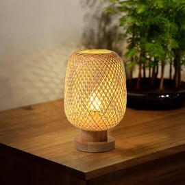 GUANSHAN Bamboo Table Lamp Small Exquisite Bamboo Lampshade Bedside Lamp Japanese Night Light Decorative Table Lamp for Bedroom Living Room Style 2